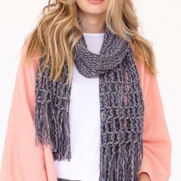 Gray Crochet Long Scarf With Fringe - Picture 3 of 3